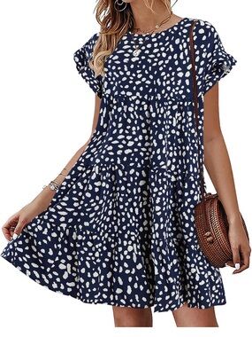 Navy Blue & White Printed Short Sleeve Tiered Dress